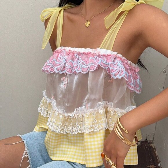 Boho Women's Vacation Plaid multi print Lace Splicing Camisole top - Picture 6 of 7